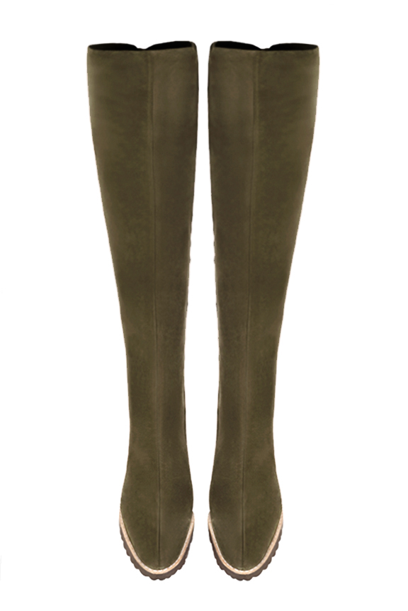 Khaki green women's leather thigh-high boots. Round toe. Flat rubber soles. Made to measure. Top view - Florence KOOIJMAN